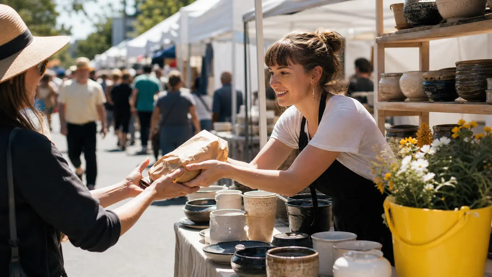 Ceramicist handing a wrapped piece to a customer at a busy fair stall with a yellow flower pail