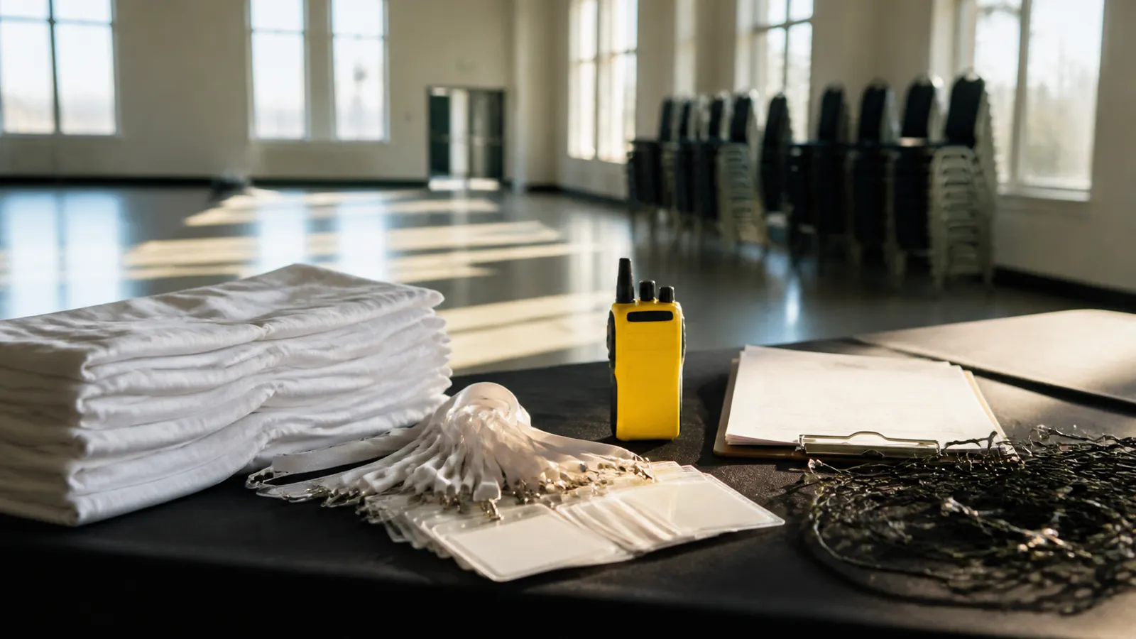 Event hall staging table with permit clipboard, blank passes, linens, and a yellow walkie-talkie