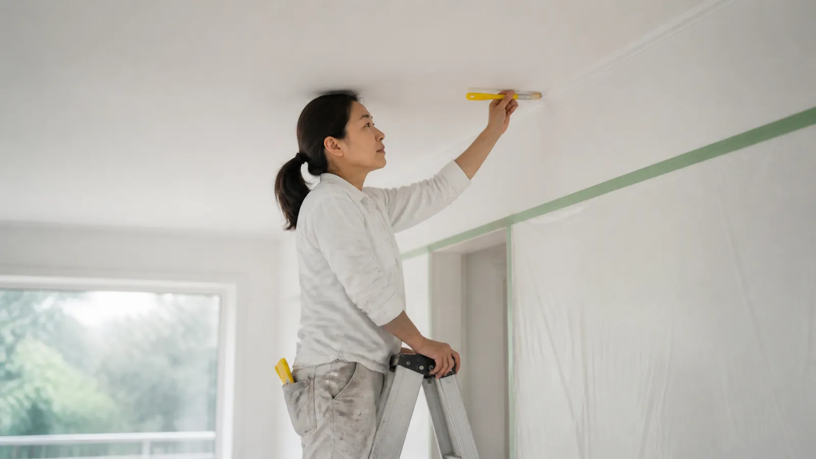 Painter cutting a clean ceiling edge from a stepladder with a yellow-handled brush