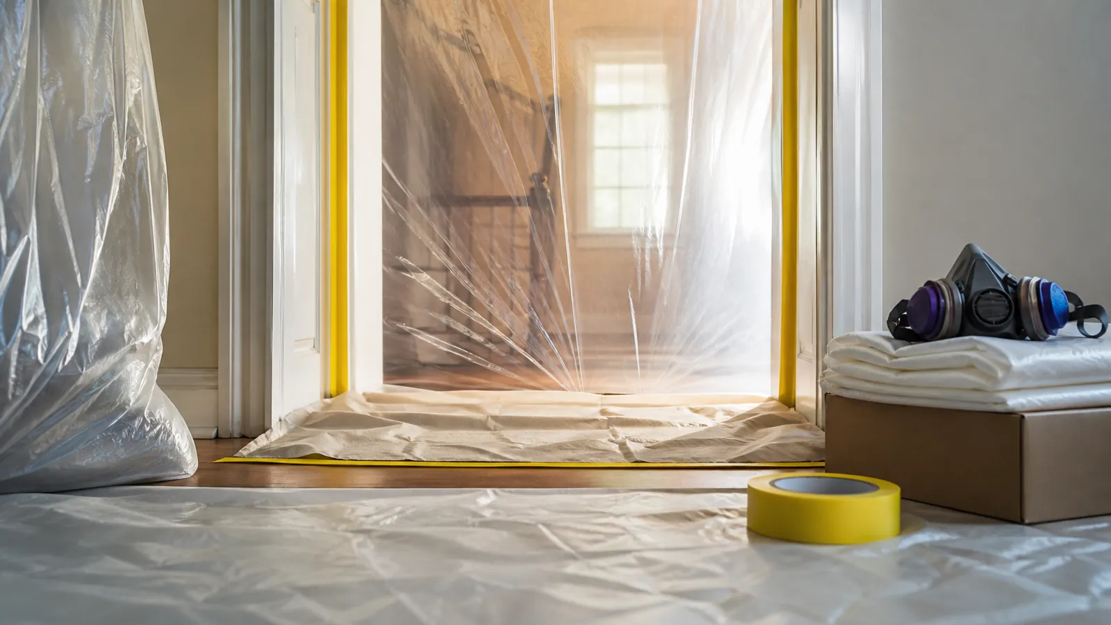Doorway sealed in plastic sheeting for lead-safe painting, yellow tape roll in the foreground