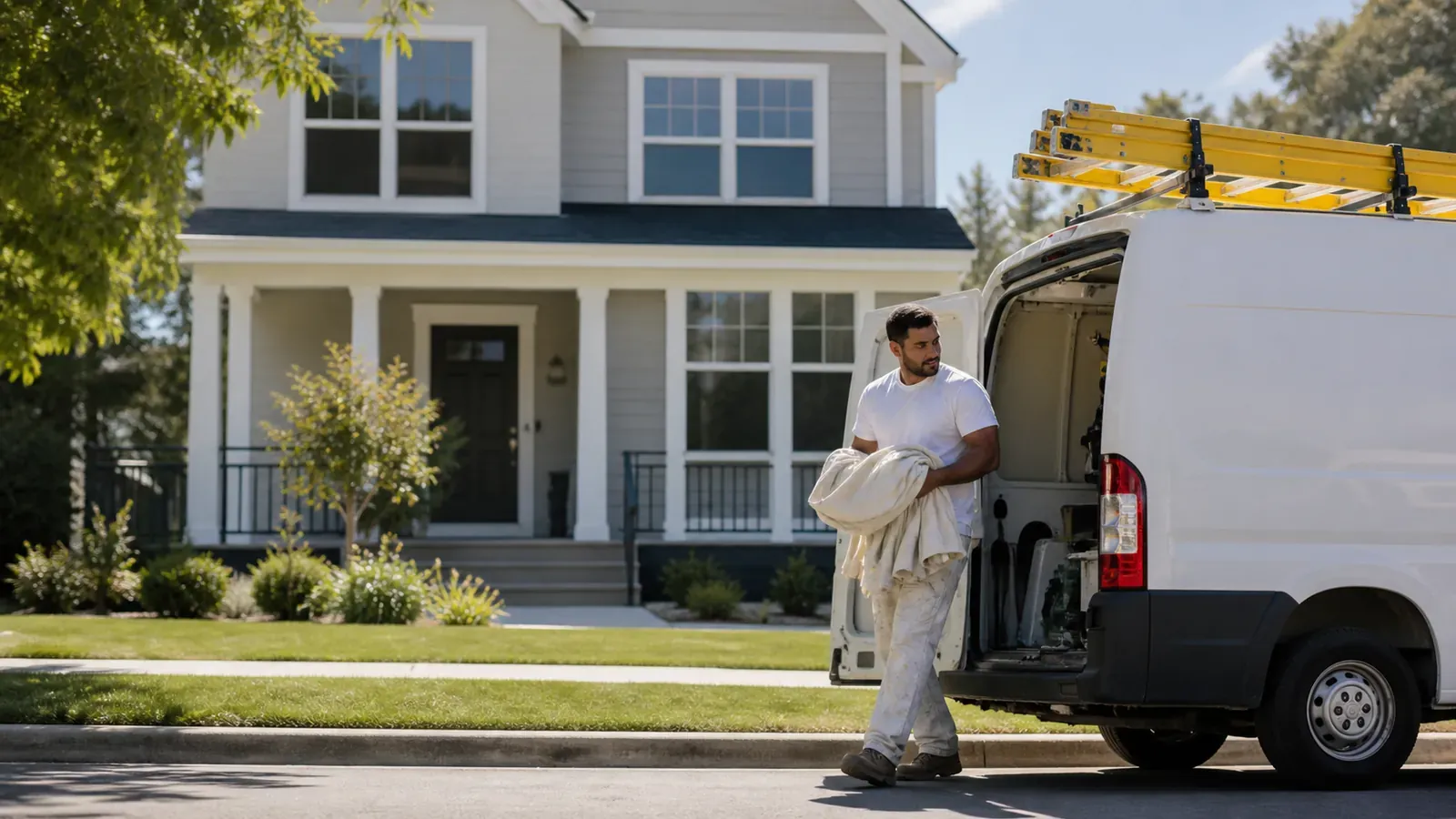 Painter loading drop cloths into a van with a yellow ladder outside a freshly painted house