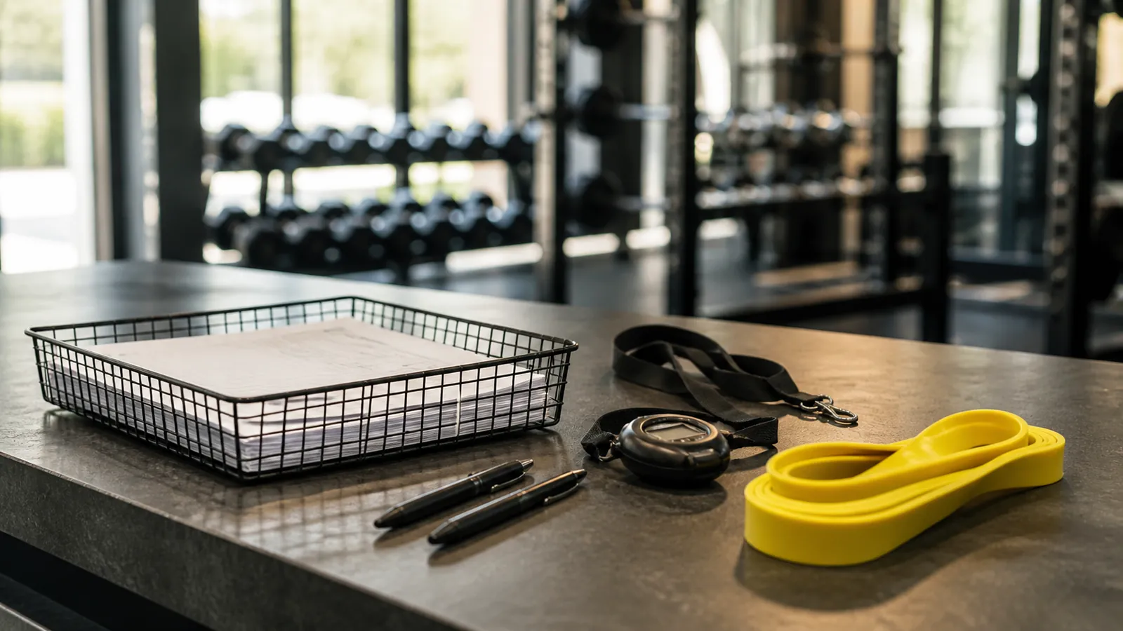 Gym front desk with a tray of forms, pens, and a coiled yellow resistance band