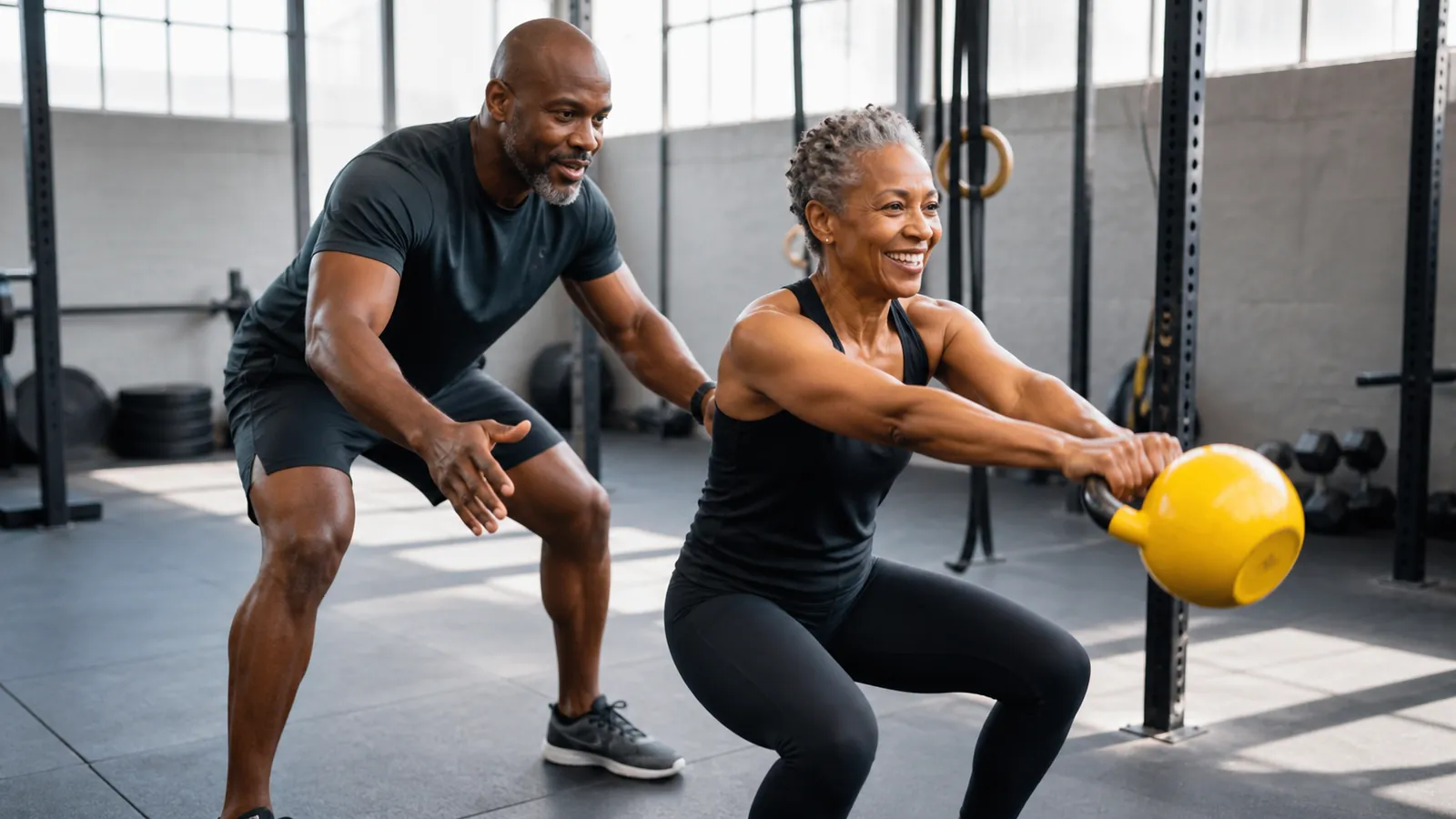 Personal trainer spotting a smiling client swinging a yellow kettlebell in a gym