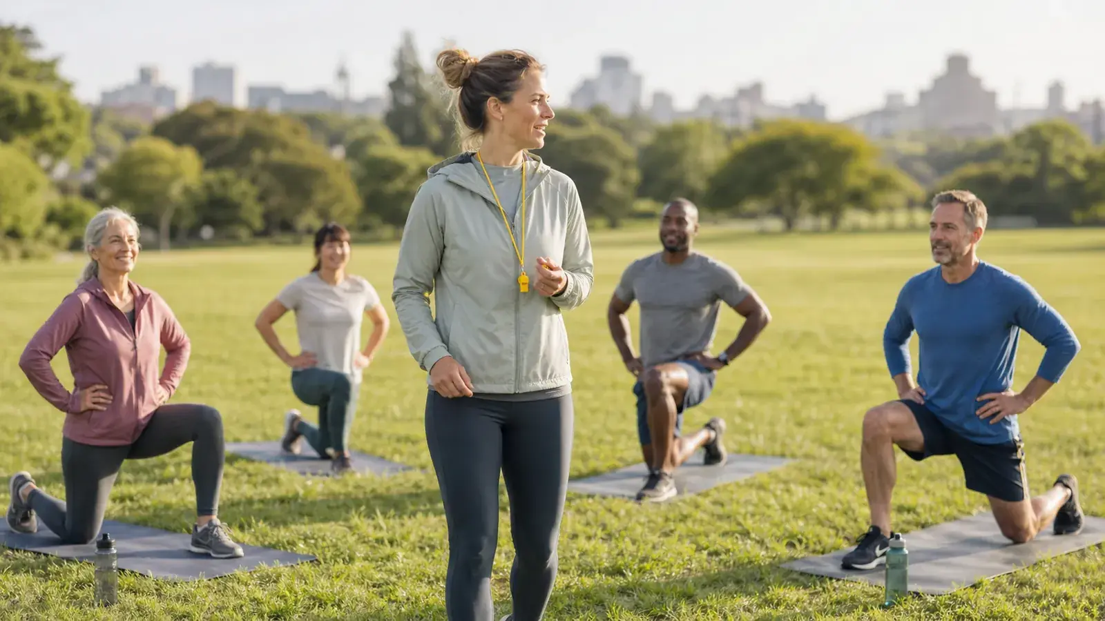 Trainer with a yellow whistle leading an outdoor group workout on a sunlit park field