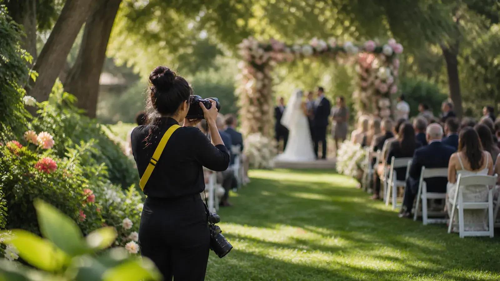 Photographer with a yellow camera strap shooting a garden wedding ceremony from the aisle edge