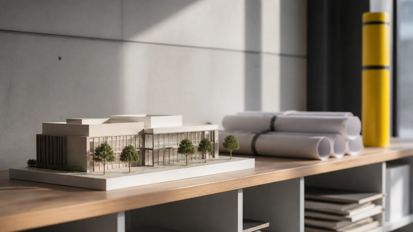 Architectural model and ribboned drawings on a studio shelf beside a yellow document tube