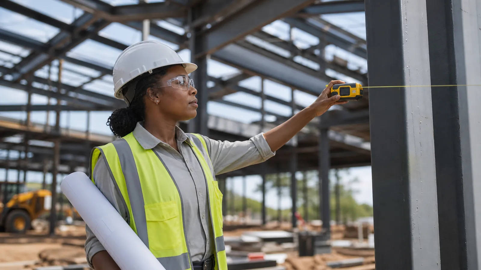 Engineer checking a column line with a yellow laser measure, drawings under her arm