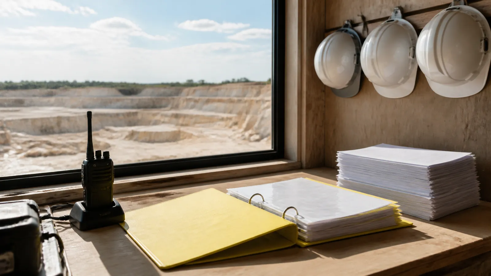 Jobsite trailer desk with a yellow site binder and a stack of subcontractor certificates