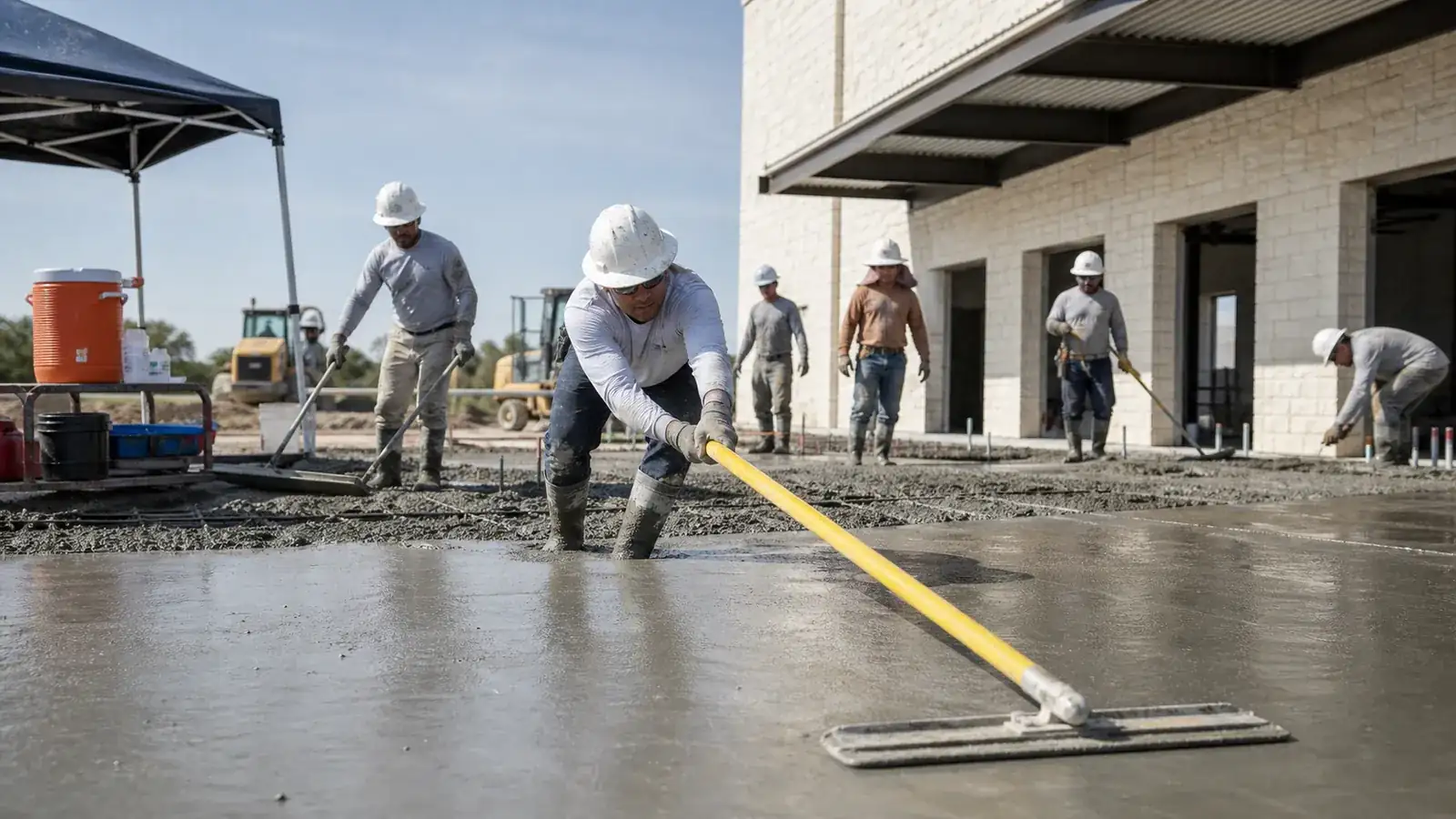 Concrete crew floating a fresh slab with a yellow-handled bull float under a wide Texas sky