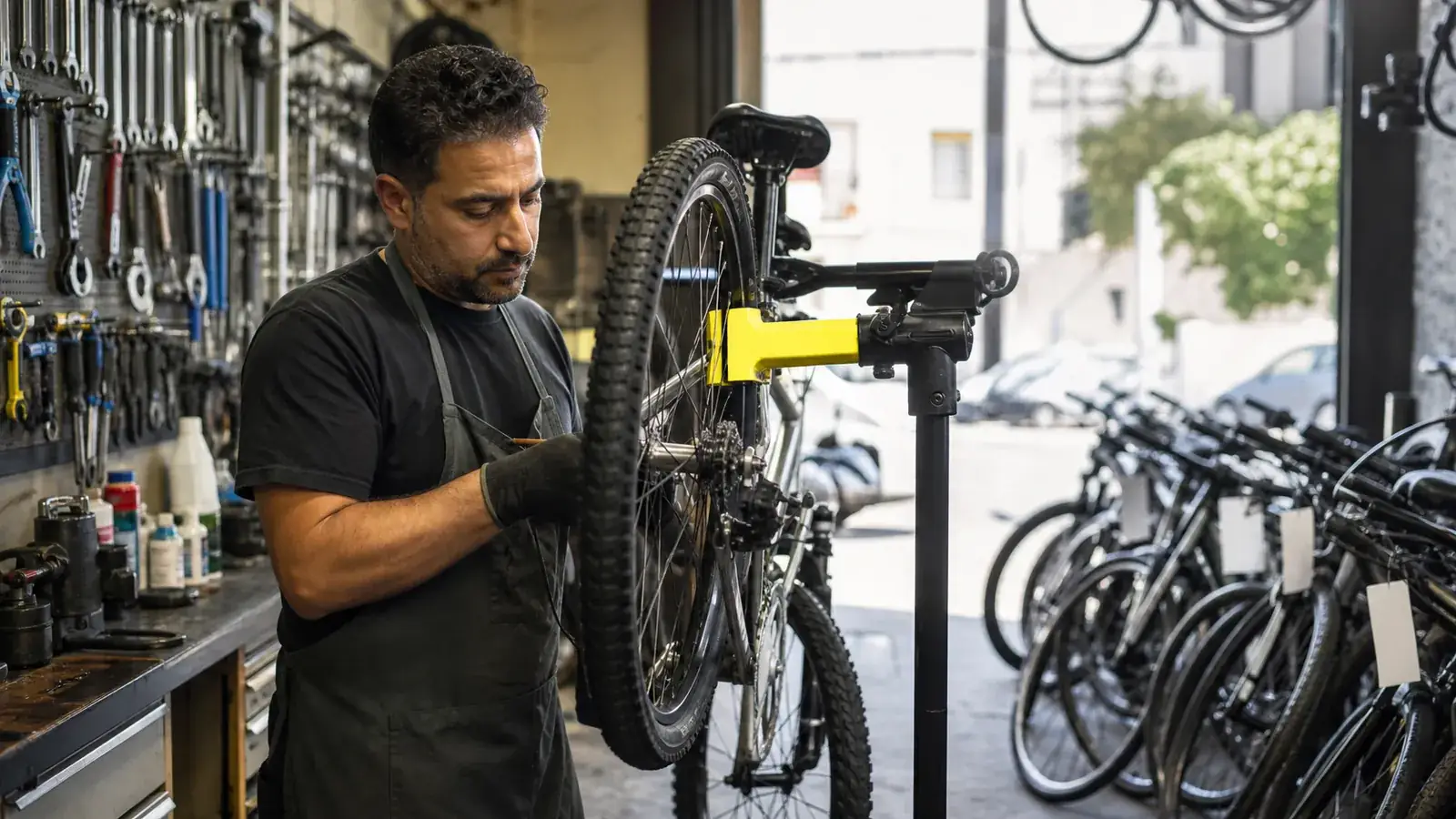 Bike shop owner truing a wheel in a stand with a yellow clamp, customer bikes waiting