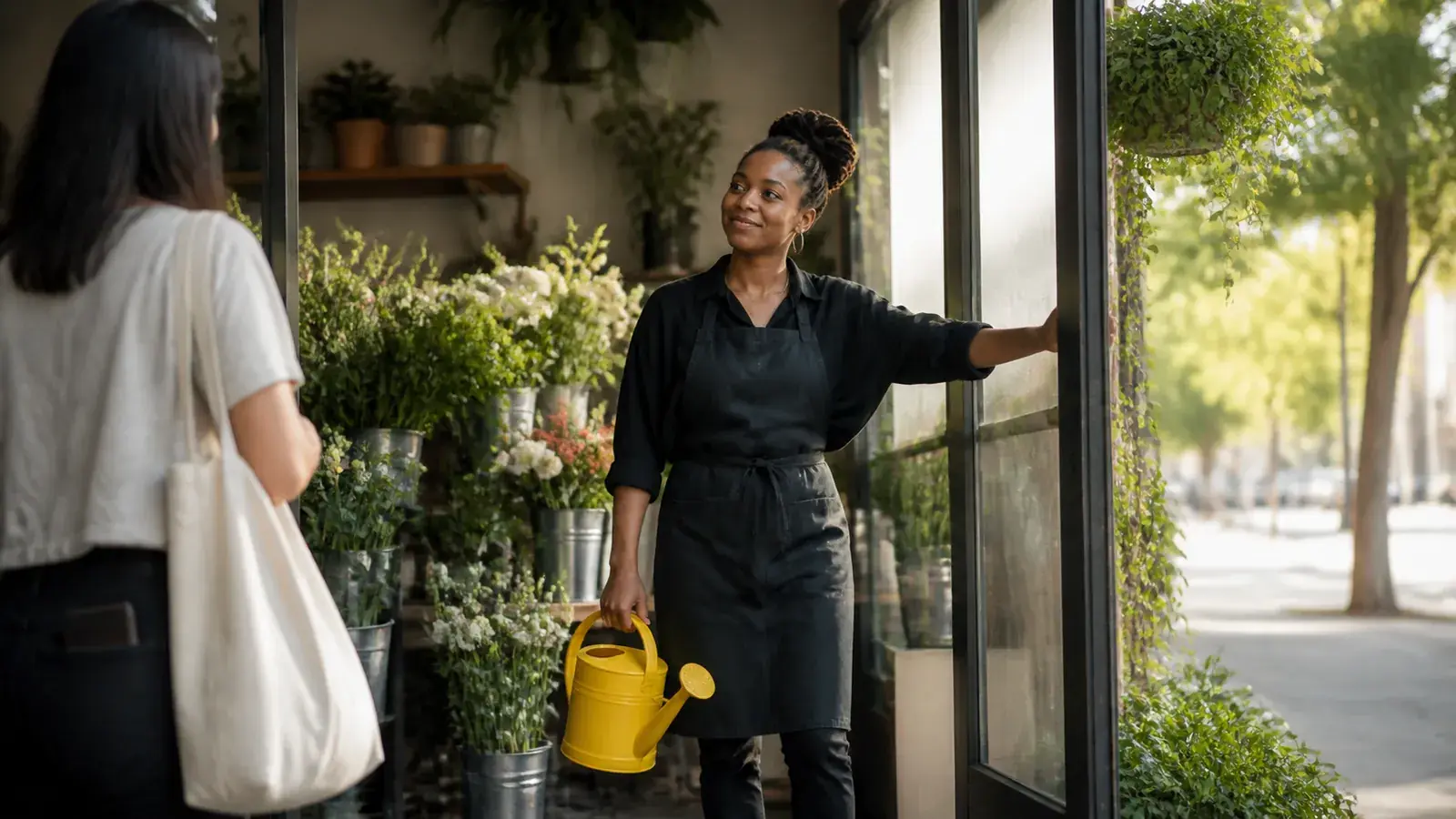 Florist propping her shop door open for morning customers, yellow watering can in hand