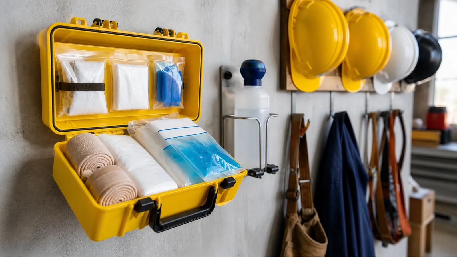 Open yellow first-aid case mounted on a workshop wall with ordered supplies inside