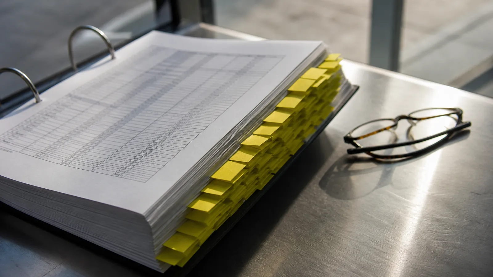 Open compliance binder with yellow index tabs fanned down state-by-state pages