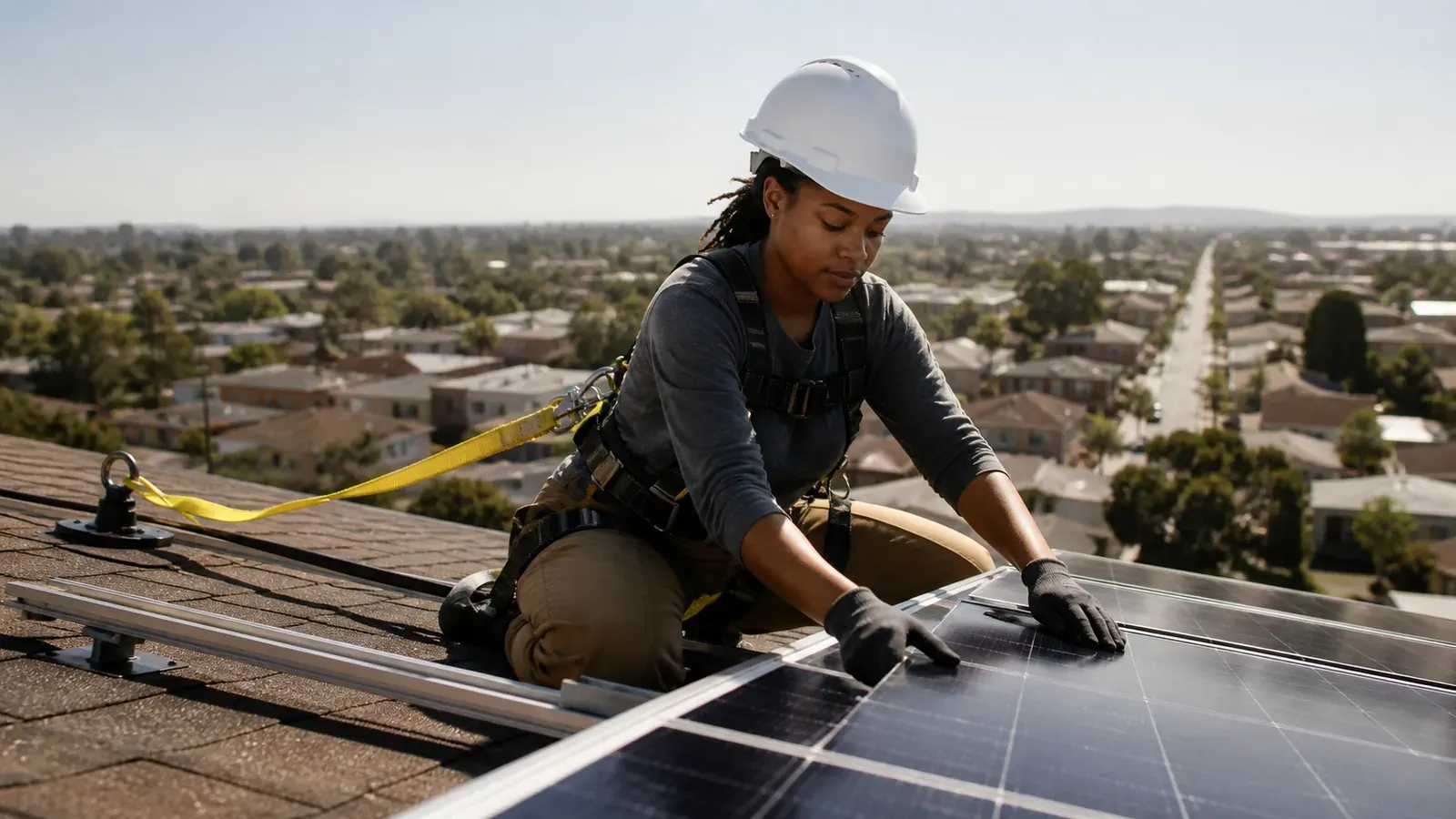 Harnessed installer seating a solar panel on a rooftop, yellow lanyard clipped to an anchor